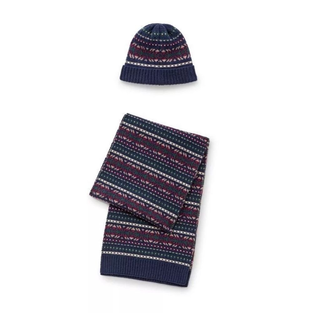 4-TRI (40) Fair Isle Knit Hat & Scarf Set (Navy Multi) - Image 1